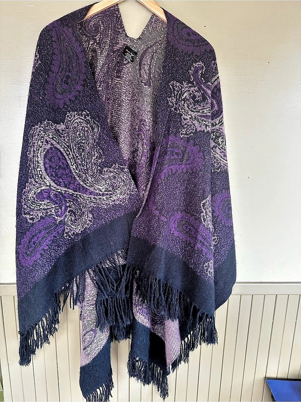 Charlie Paige Paisley Fringe Wrap in Purple & Black OS